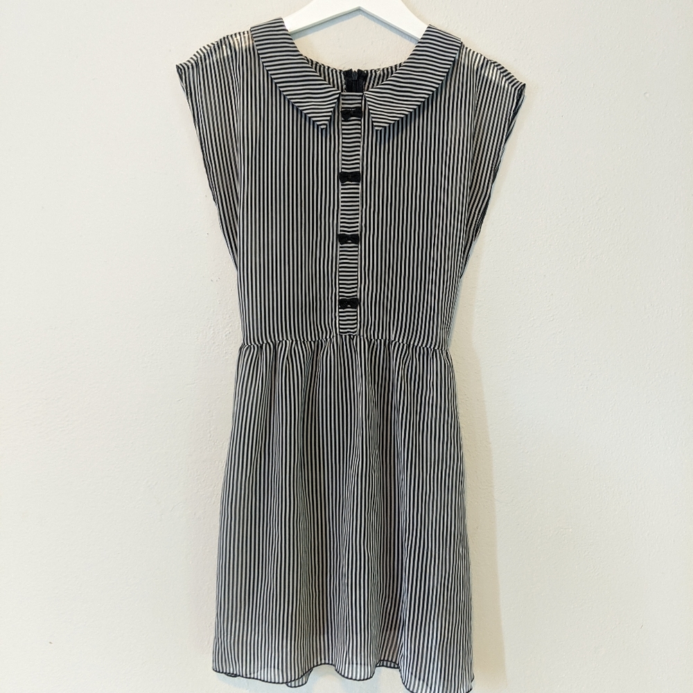 Striped Midi Dress with Collar Black and White